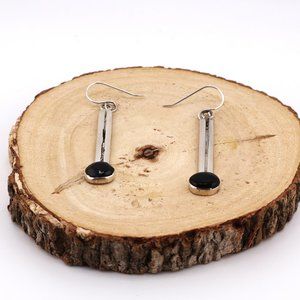 Native American Elegance Jet Black Sterling Silver Dangling Earrings Handmade**